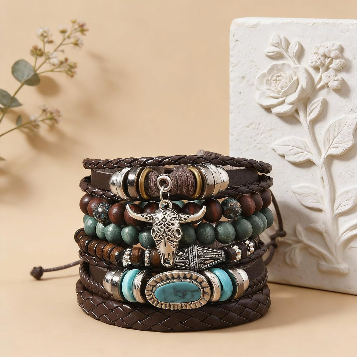 Western Bracelet for Women,Bohemian Cowgirl Turquoise Beaded Stretch Bracelets,Vintage Stackable Bull Head Cowboy Boots Feather Bracelets Set,Country Ethnic Western Jewelry Accessories for Women Men