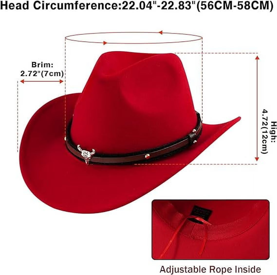 Lightweight Wide Brim Cowboy Hat for Men Women — Cattleman Western Fedora Hat Adjustable Vegan Leather Band Breathable Red Cowgirl Hat for Rodeo, Country Concert, Halloween Costume