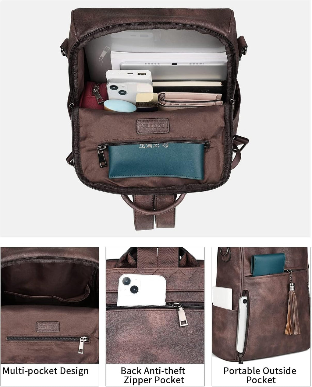 Leather Backpack Purse for Women Designer Travel Backpack Purses PU Fashion Ladies Shoulder Bag with Tassel Coffee