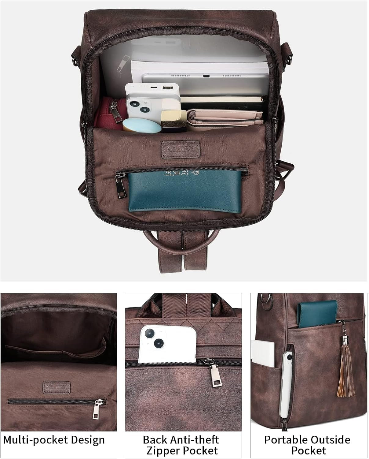 Leather Backpack Purse for Women Designer Travel Backpack Purses PU Fashion Ladies Shoulder Bag with Tassel Coffee