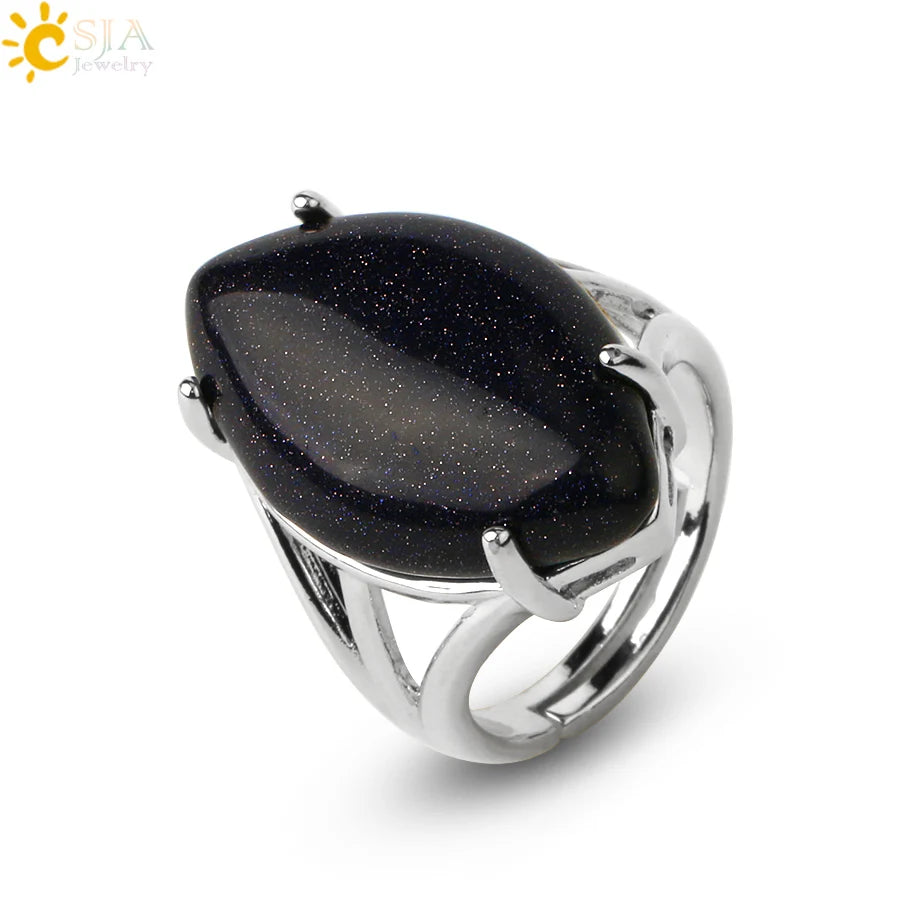 CSJA Crystal Rings Natural Stone Ring for Women Men Adjustable Healing Pink Quartz Lapis Lazuli Opal Turquoise Finger Rings G574