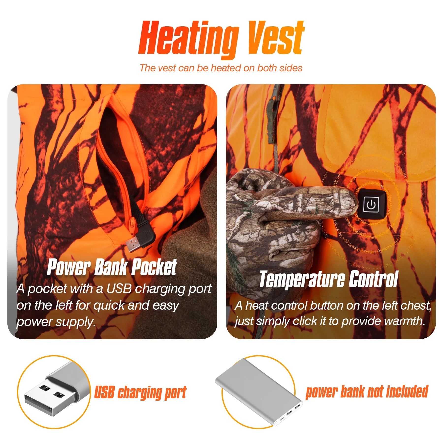 Hunting Heated Vest, Camo Orange Reversible Vest, Game Vest Jacket for Hunting, Lightweight Heating Vest (L)