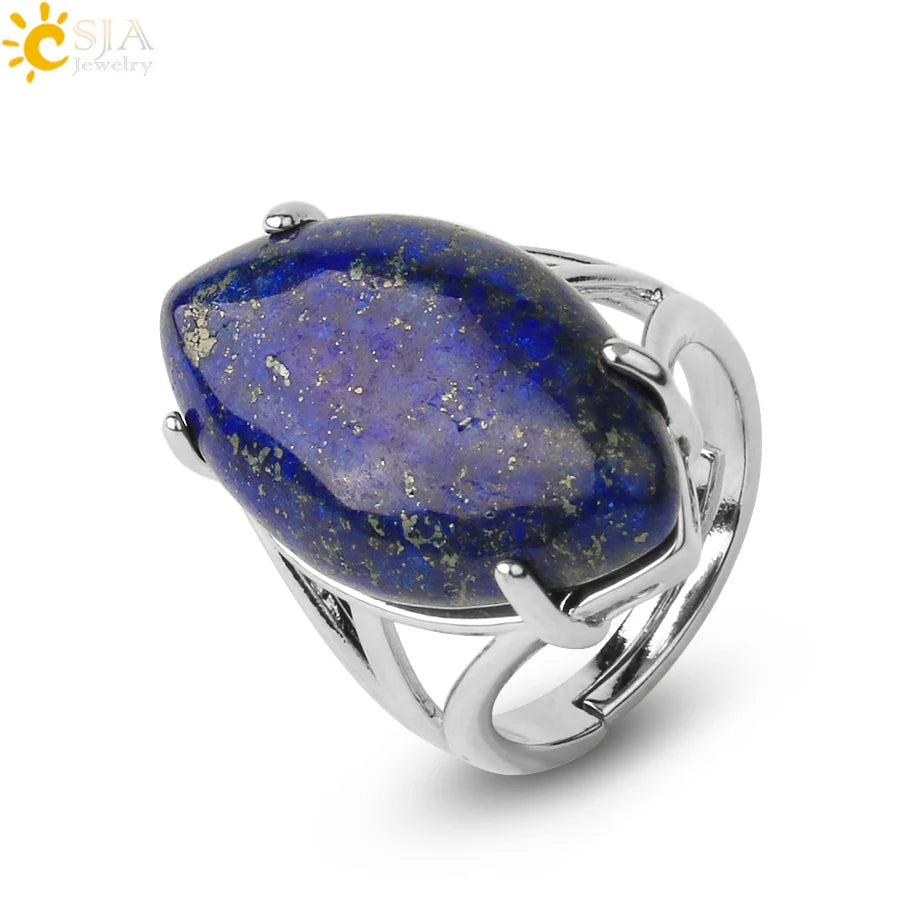 CSJA Crystal Rings Natural Stone Ring for Women Men Adjustable Healing Pink Quartz Lapis Lazuli Opal Turquoise Finger Rings G574