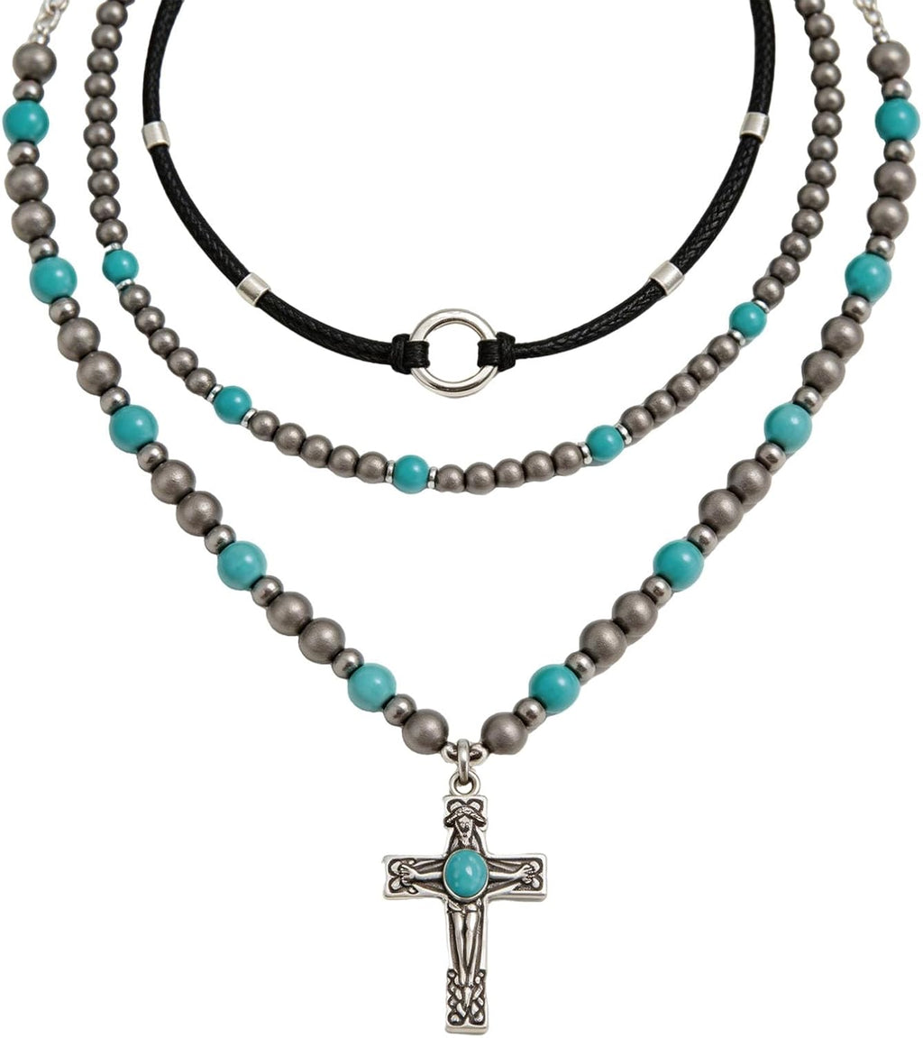 Western Necklaces for Women, Bohemian Style Turquoise Layered Pendant Set, Three Piece Jewelry Collection with Adjustable Length, Western Fashion Accessories for Casual Wear and Special Occasions