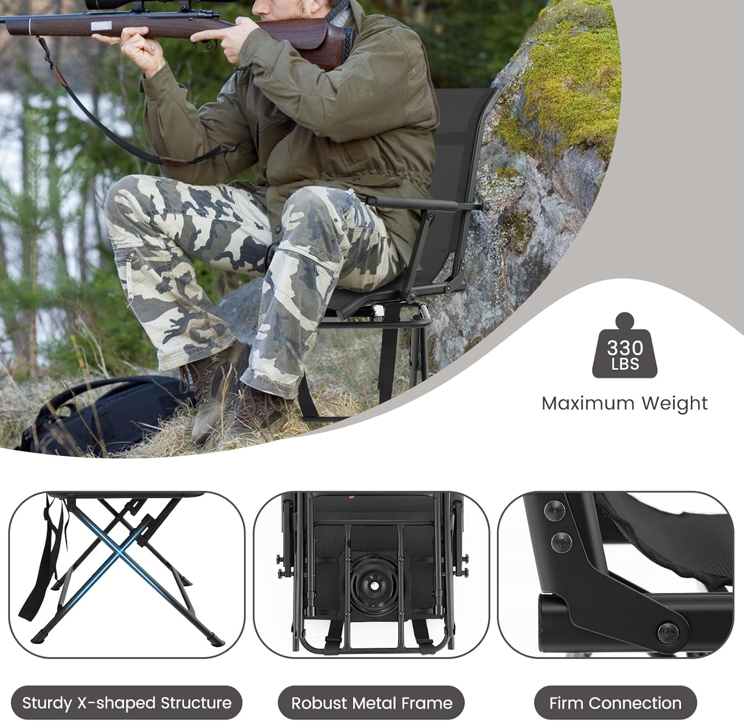 Hunting Chair, 360° Swivel Folding Hunting Blind Chair with Carrying Strap, 330LBS Capacity, Portable Deer Hunting Stool, Silent Ground Dove Hunting Chair, No Assembly