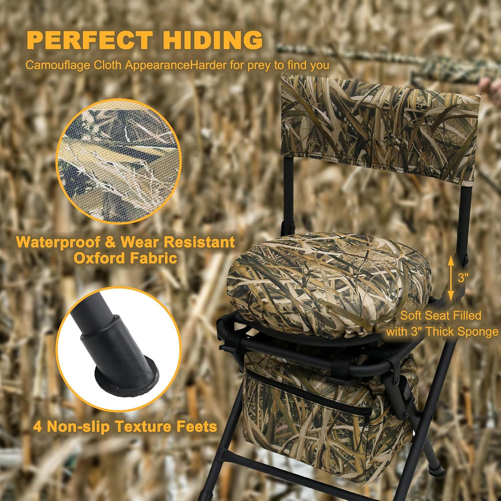 360 Degree Swivel Hunting Chair for Ground Blinds, Folding Hunting Seat, Fishing Chair, Lightweight, Portable, Padded Cushion for Dove Deer Hunting, Fishing, Camping(No. 3 Reed Camo)
