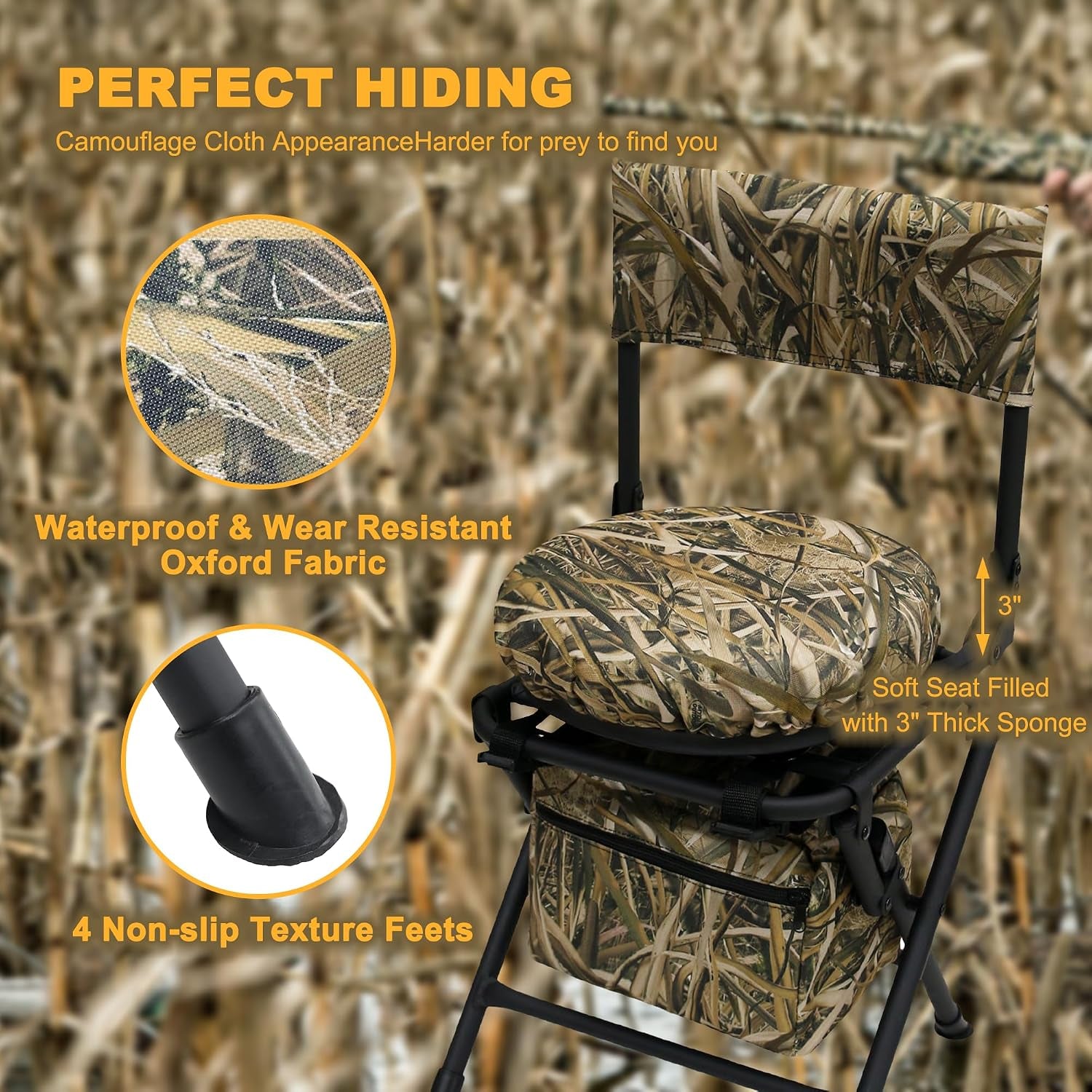 360 Degree Swivel Hunting Chair for Ground Blinds, Folding Hunting Seat, Fishing Chair, Lightweight, Portable, Padded Cushion for Dove Deer Hunting, Fishing, Camping(No. 3 Reed Camo)