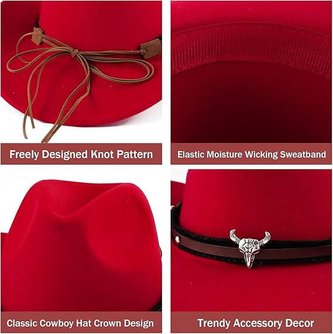 Lightweight Wide Brim Cowboy Hat for Men Women — Cattleman Western Fedora Hat Adjustable Vegan Leather Band Breathable Red Cowgirl Hat for Rodeo, Country Concert, Halloween Costume