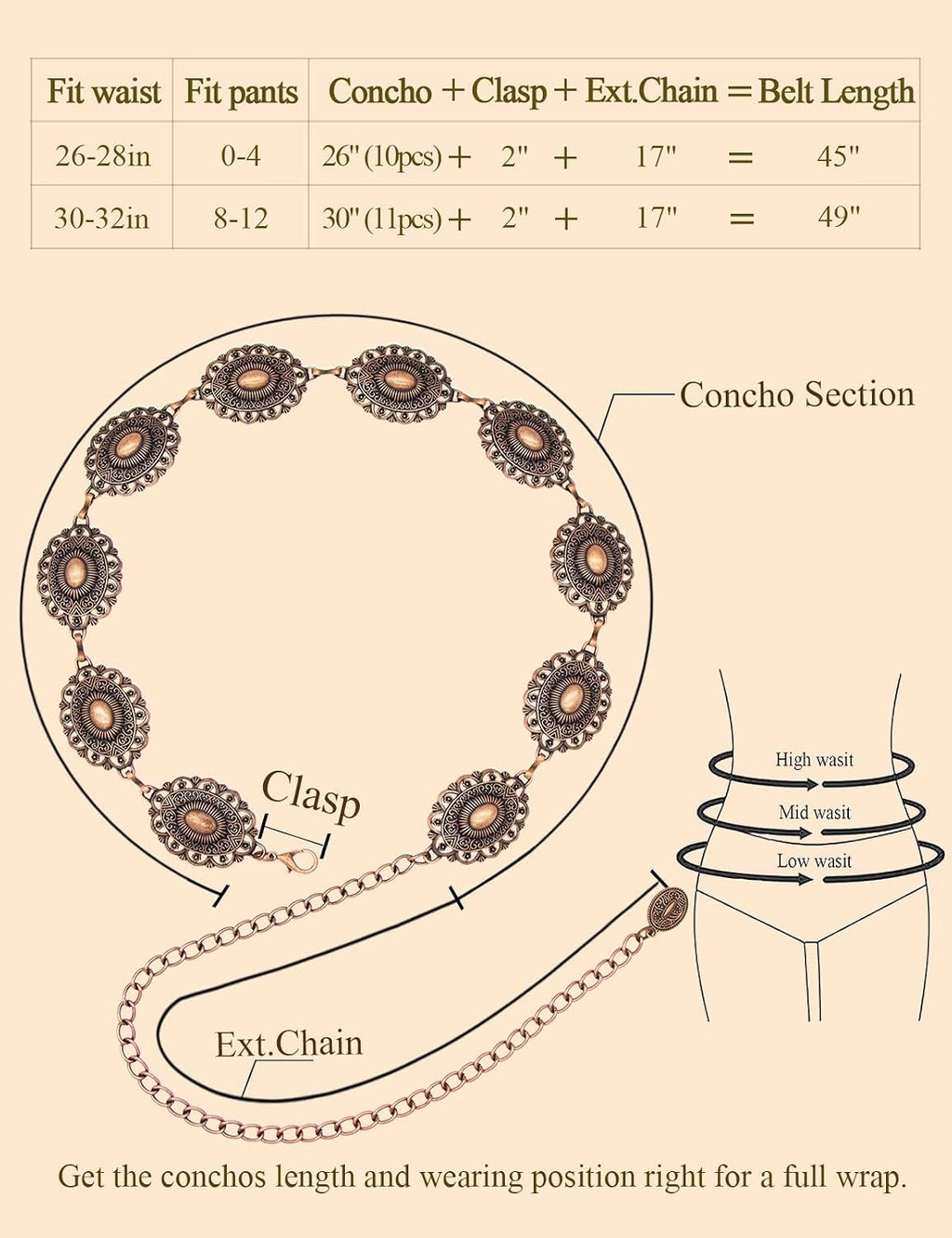 Western Metal Concho Belt for Women Cowgirl Chain Belts for Dresses Jeans Country Concert Outfit