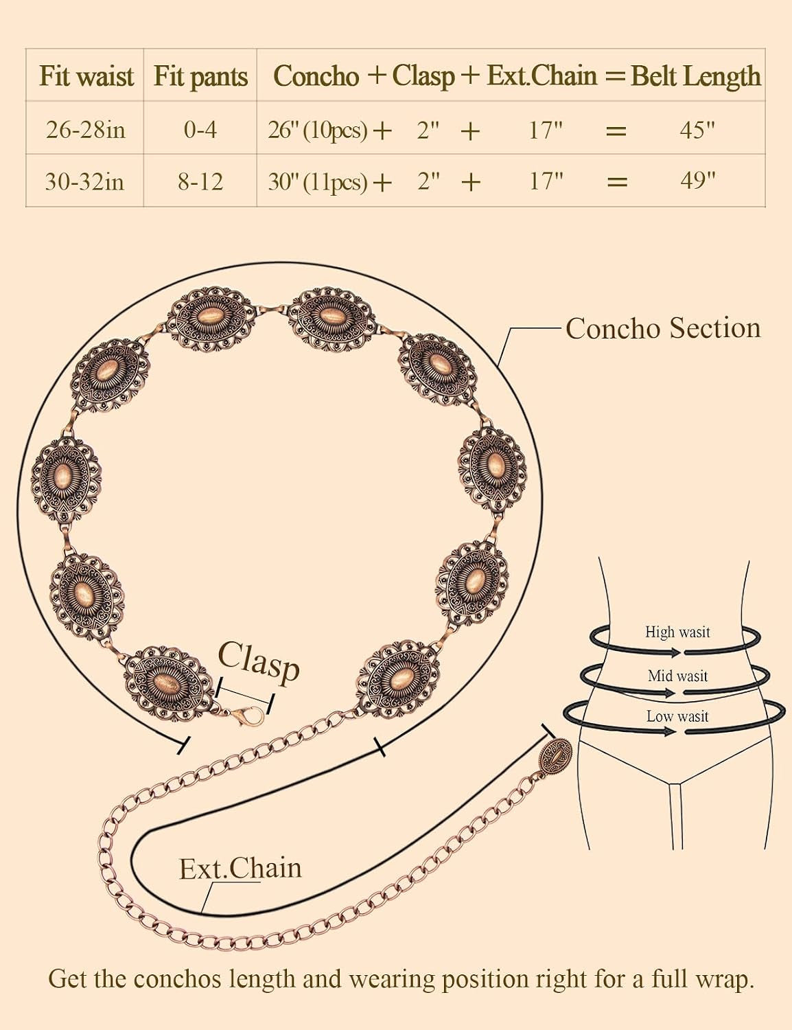 Western Metal Concho Belt for Women Cowgirl Chain Belts for Dresses Jeans Country Concert Outfit