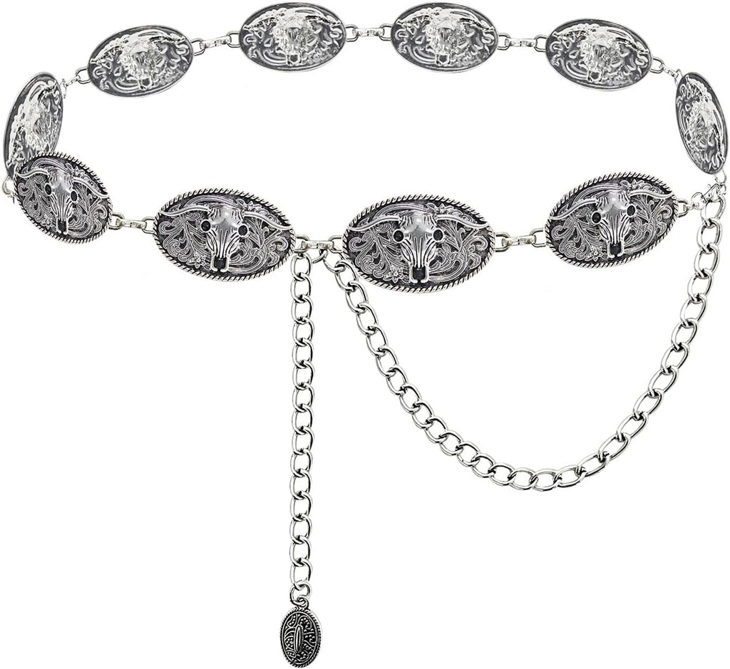 Western Metal Concho Belt for Women Cowgirl Chain Belts for Dresses Jeans Country Concert Outfit