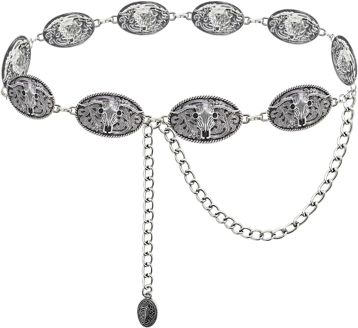 Western Metal Concho Belt for Women Cowgirl Chain Belts for Dresses Jeans Country Concert Outfit