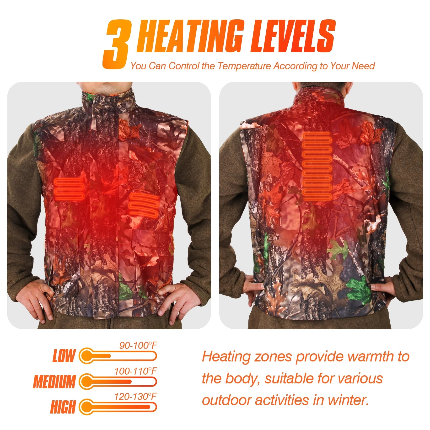 Hunting Heated Vest, Camo Orange Reversible Vest, Game Vest Jacket for Hunting, Lightweight Heating Vest (L)