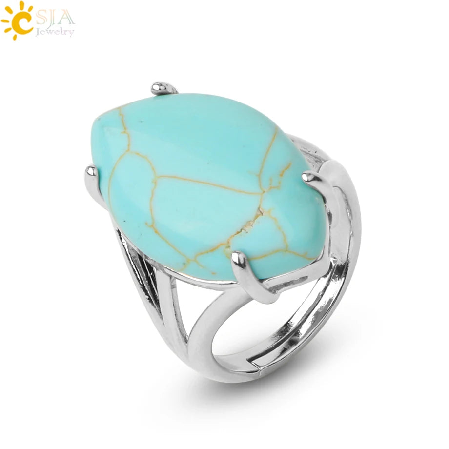 CSJA Crystal Rings Natural Stone Ring for Women Men Adjustable Healing Pink Quartz Lapis Lazuli Opal Turquoise Finger Rings G574
