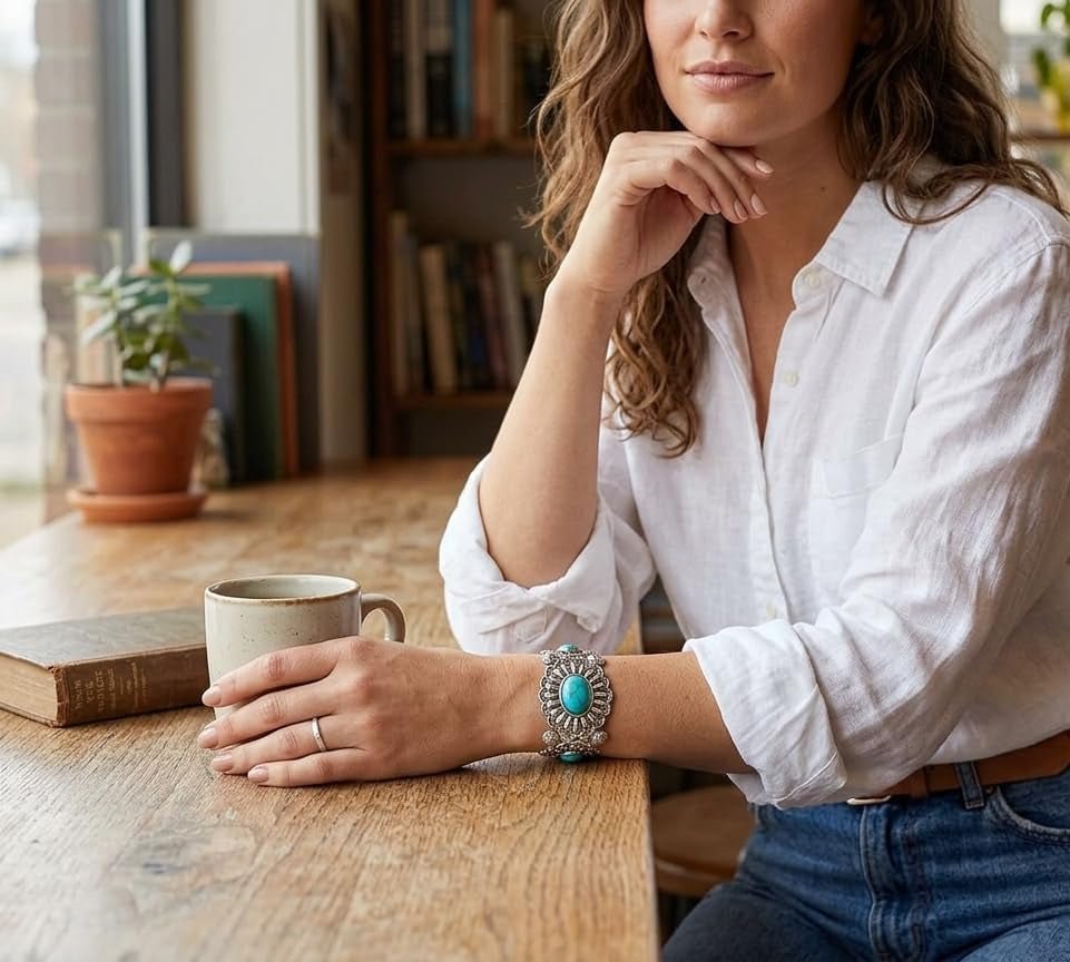 Boho Western Statement: Turquoise Cuff Bracelet for Women - Ideal for Music Festivals, Adjustable Cowgirl Country Concerts & Daily Wear Gift