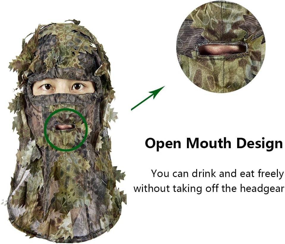 Hunting Camo Mask Full Face Covering, Ghillie Camouflage 3D Leafy Headwear Breathable Adjustable