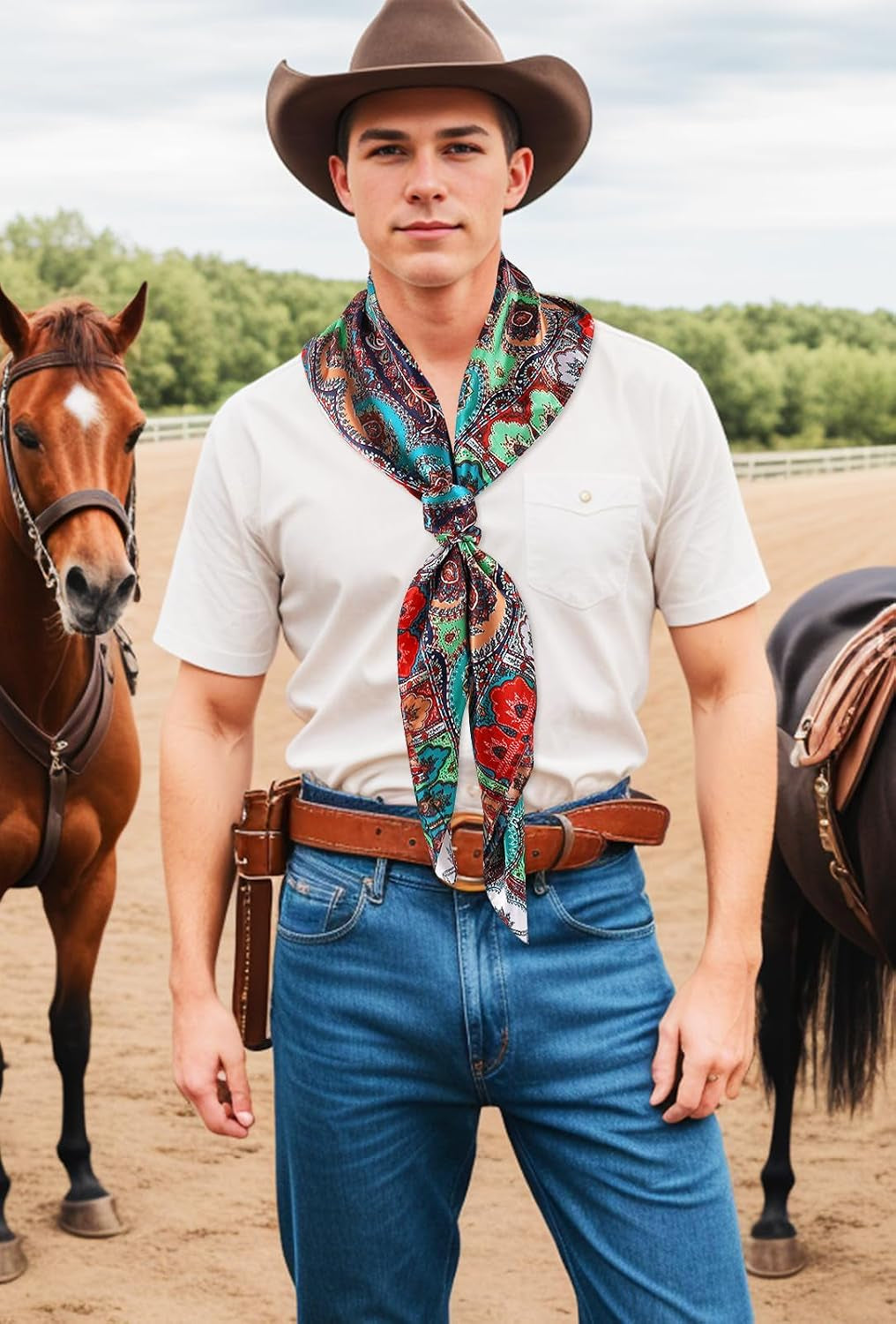 35 Inch Wild Rag Cowboy Scarves for Men, Large Rancher Neckerchief Silk Feel, Oversize Western Bandana Paisley