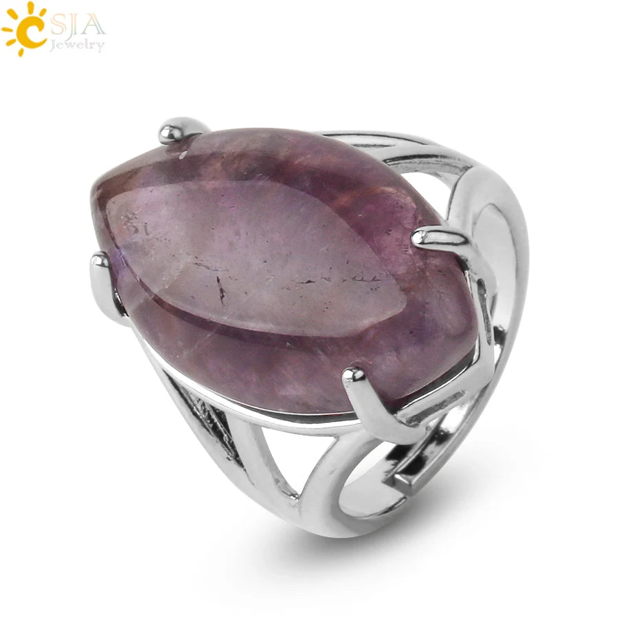 CSJA Crystal Rings Natural Stone Ring for Women Men Adjustable Healing Pink Quartz Lapis Lazuli Opal Turquoise Finger Rings G574