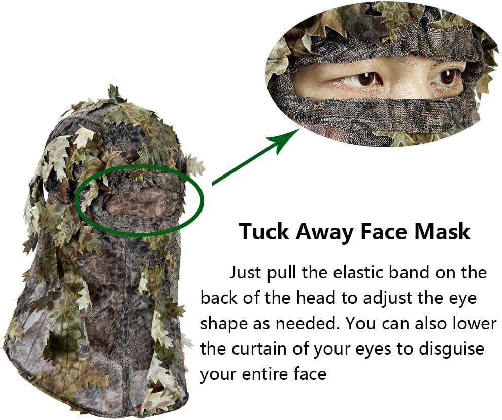 Hunting Camo Mask Full Face Covering, Ghillie Camouflage 3D Leafy Headwear Breathable Adjustable