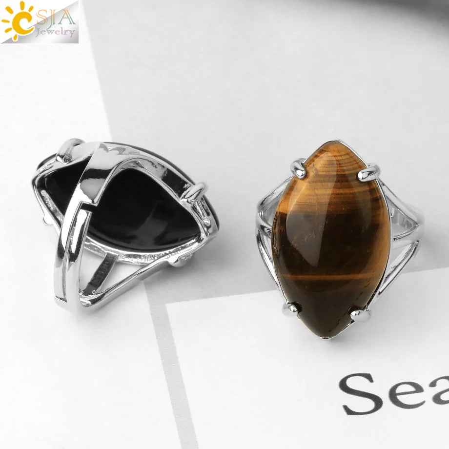 CSJA Crystal Rings Natural Stone Ring for Women Men Adjustable Healing Pink Quartz Lapis Lazuli Opal Turquoise Finger Rings G574