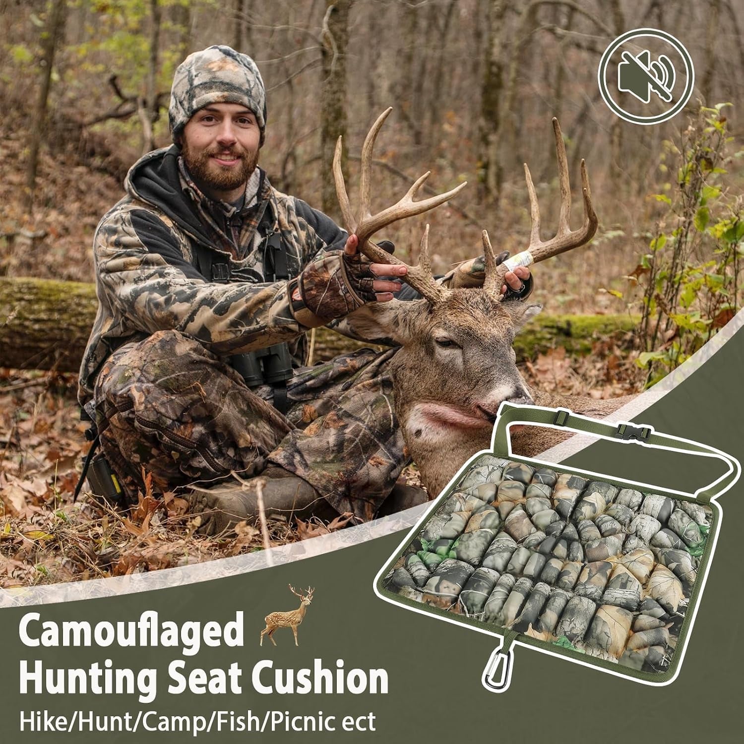 Hunting Seat Cushion, Memory Foam Silent Lightweight Camo Tree Stand Seat Cushion, Portable Insulated Dirty Proof Hunting Cushion Pad for Camping, Stadium, Deer Stand, Fishing