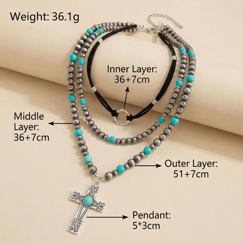Western Necklaces for Women, Bohemian Style Turquoise Layered Pendant Set, Three Piece Jewelry Collection with Adjustable Length, Western Fashion Accessories for Casual Wear and Special Occasions