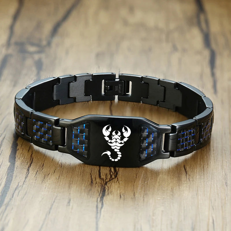 Engravable Dragon Scorpion Wolf Carbon Fiber Male Bracelets Personalize Men ID Bracelet Stainless Steel Jewelry to Father Gift