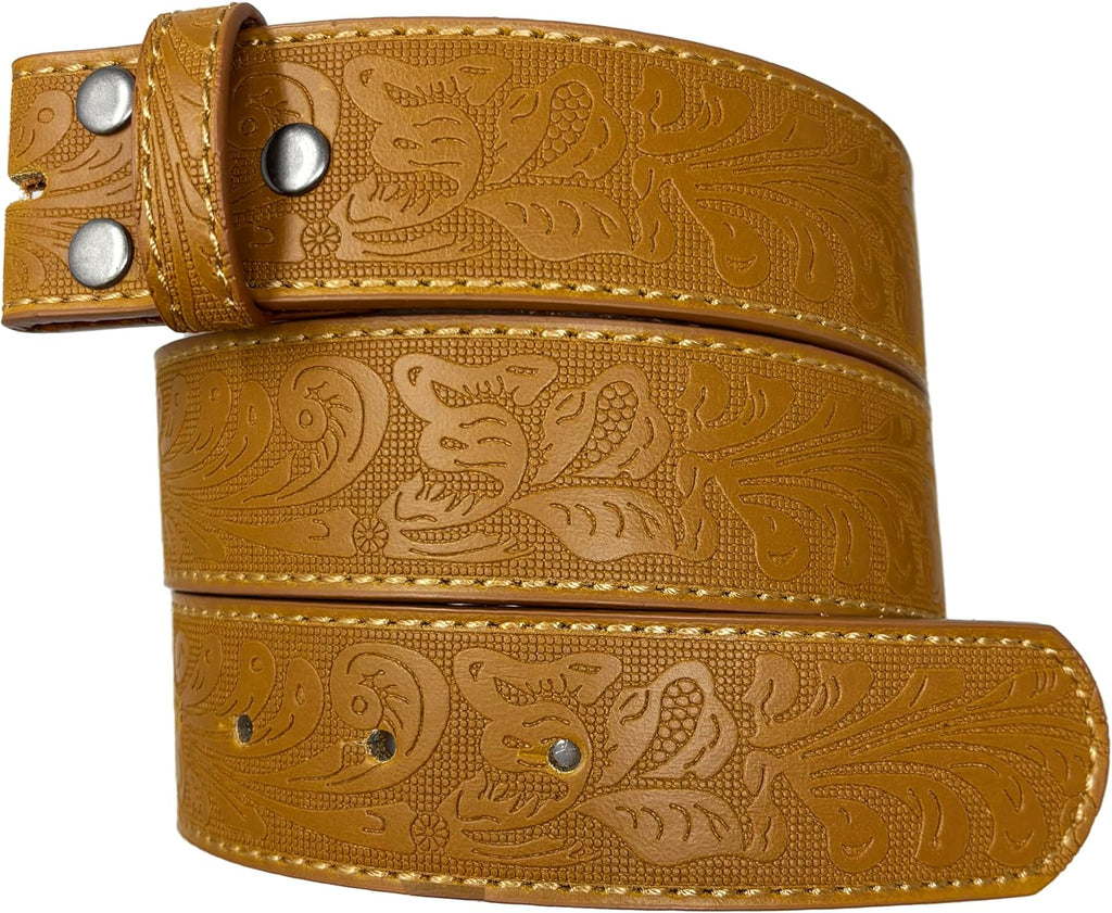 Western Leather Belt Strap - 1.5” Wide with Embossed Scrollwork without Buckle for Men & Women, Cowboy/Cowgirl Style