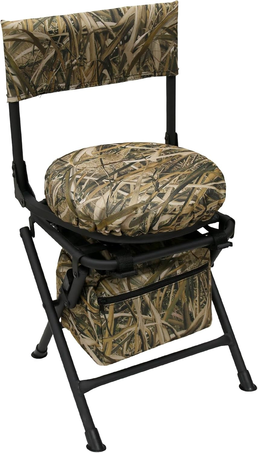 360 Degree Swivel Hunting Chair for Ground Blinds, Folding Hunting Seat, Fishing Chair, Lightweight, Portable, Padded Cushion for Dove Deer Hunting, Fishing, Camping(No. 3 Reed Camo)