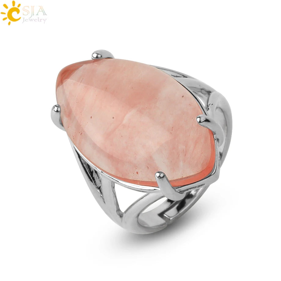 CSJA Crystal Rings Natural Stone Ring for Women Men Adjustable Healing Pink Quartz Lapis Lazuli Opal Turquoise Finger Rings G574
