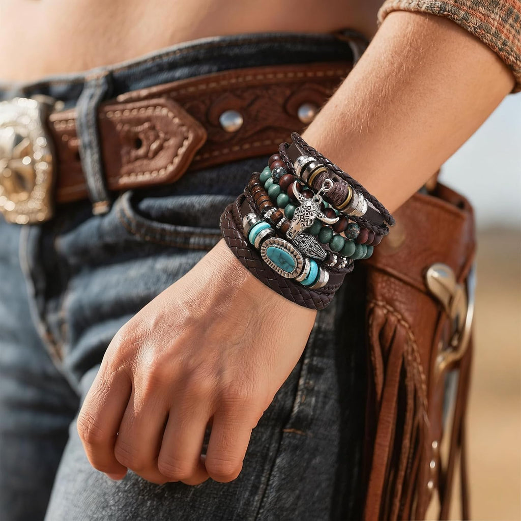 Western Bracelet for Women,Bohemian Cowgirl Turquoise Beaded Stretch Bracelets,Vintage Stackable Bull Head Cowboy Boots Feather Bracelets Set,Country Ethnic Western Jewelry Accessories for Women Men