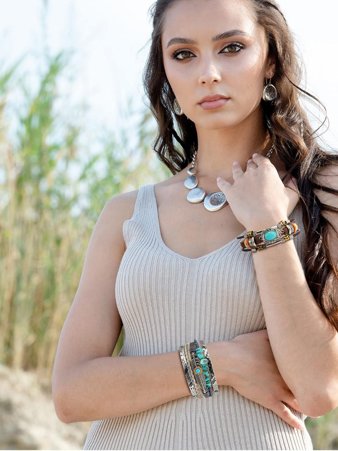 3 Pcs Western Jewelry for Women Turquoise Bracelet Native American Jewelry Western Gift for Women Silver Bohemian Turquoise Cuff Bracelets