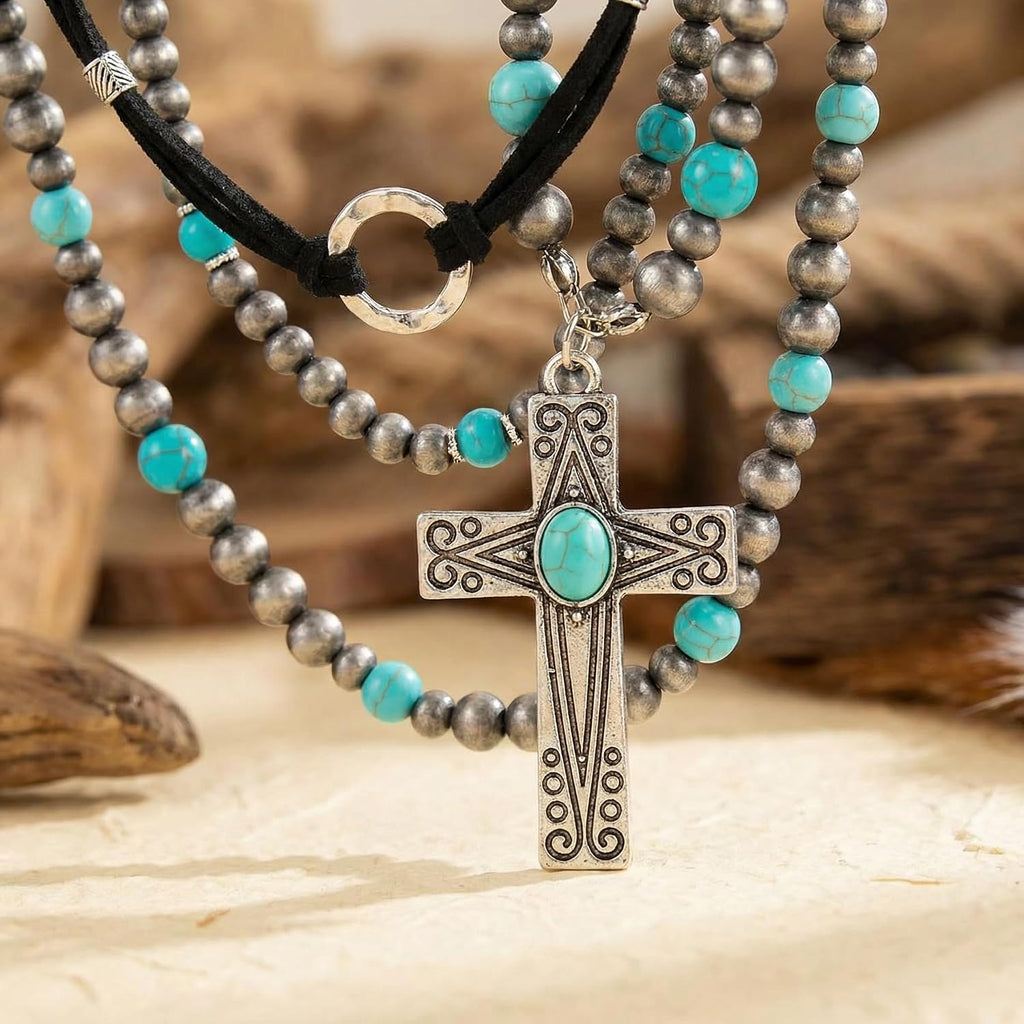Western Necklaces for Women, Bohemian Style Turquoise Layered Pendant Set, Three Piece Jewelry Collection with Adjustable Length, Western Fashion Accessories for Casual Wear and Special Occasions