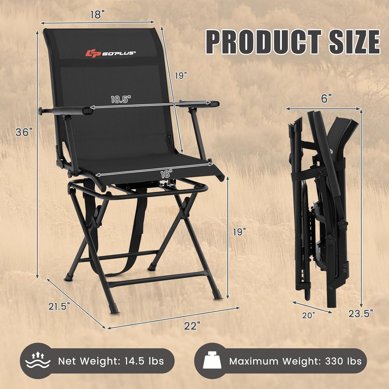 Hunting Chair, 360° Swivel Folding Hunting Blind Chair with Carrying Strap, 330LBS Capacity, Portable Deer Hunting Stool, Silent Ground Dove Hunting Chair, No Assembly