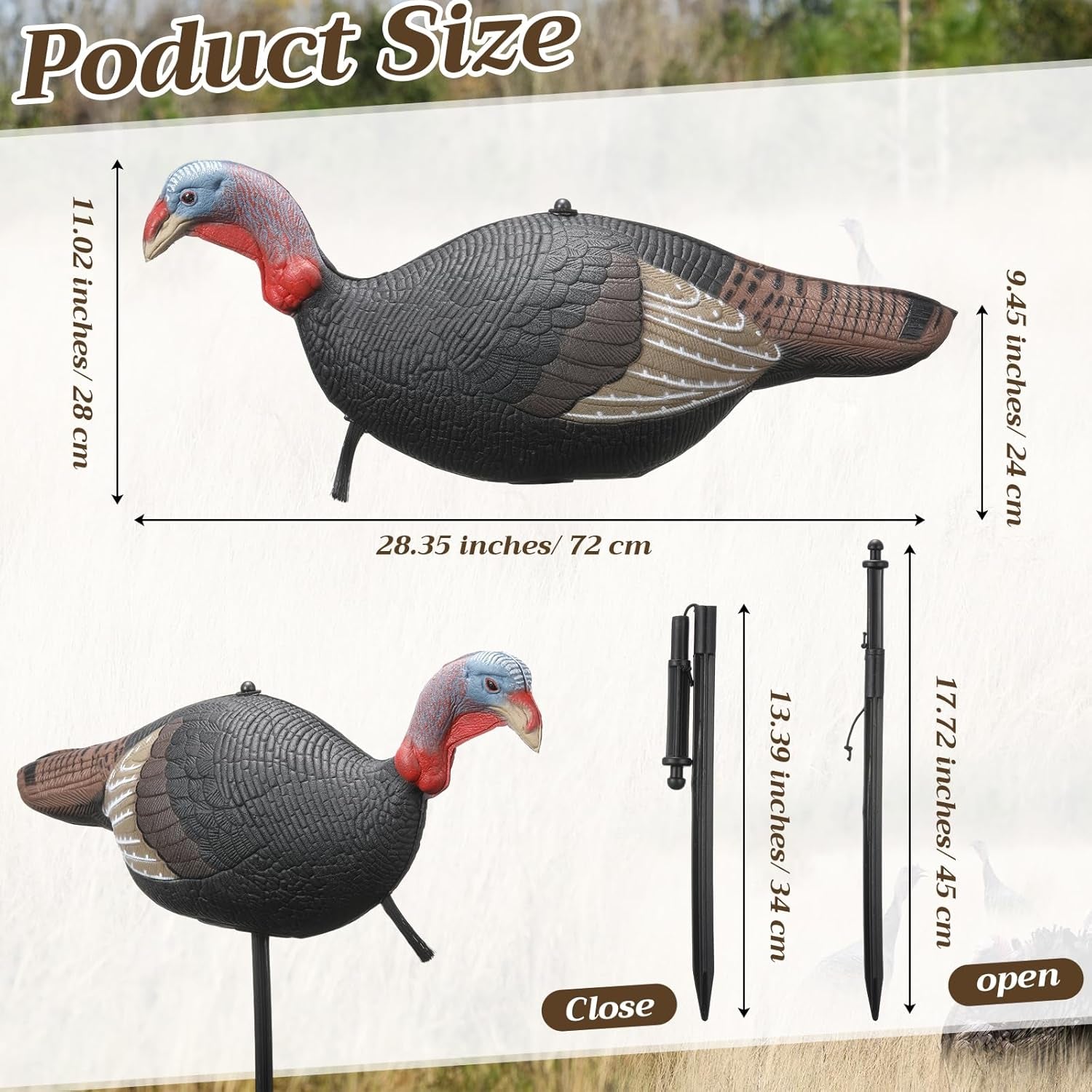 Collapsible Turkey Decoy for Hunting - Durable Realistic Lifelike Lightweight Standing Hunting Decoy with Stake for Field Forest Wood Ground Outdoor