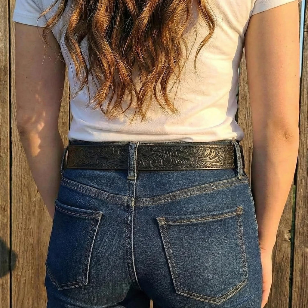 Western Leather Belt Strap - 1.5” Wide with Embossed Scrollwork without Buckle for Men & Women, Cowboy/Cowgirl Style