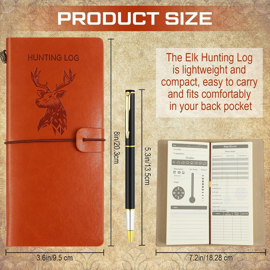 Hunting Log Book with Pen Leather Hunting Journal Book Pocket Elk Hunting Log Book Hunting Gifts for Men Designed for Huntsman to Record Hunt Details, 96 Pages (Brown)