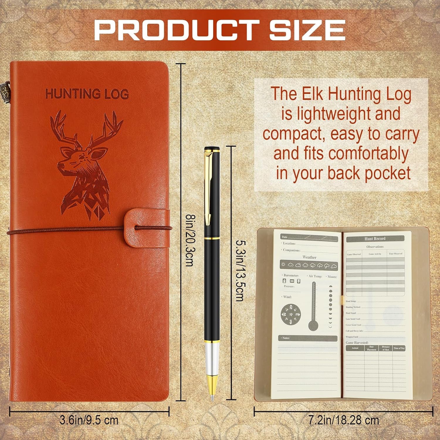 Hunting Log Book with Pen Leather Hunting Journal Book Pocket Elk Hunting Log Book Hunting Gifts for Men Designed for Huntsman to Record Hunt Details, 96 Pages (Brown)