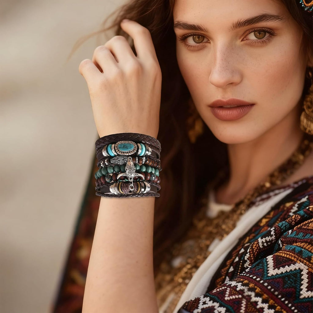 Western Bracelet for Women,Bohemian Cowgirl Turquoise Beaded Stretch Bracelets,Vintage Stackable Bull Head Cowboy Boots Feather Bracelets Set,Country Ethnic Western Jewelry Accessories for Women Men