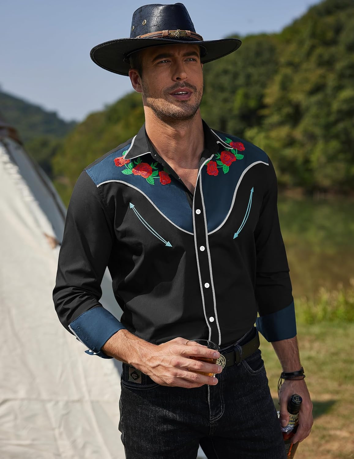 Men'S Cowboy Shirtss Embroidered Rose Design Shirts Western Long Sleeve Button down Shirts
