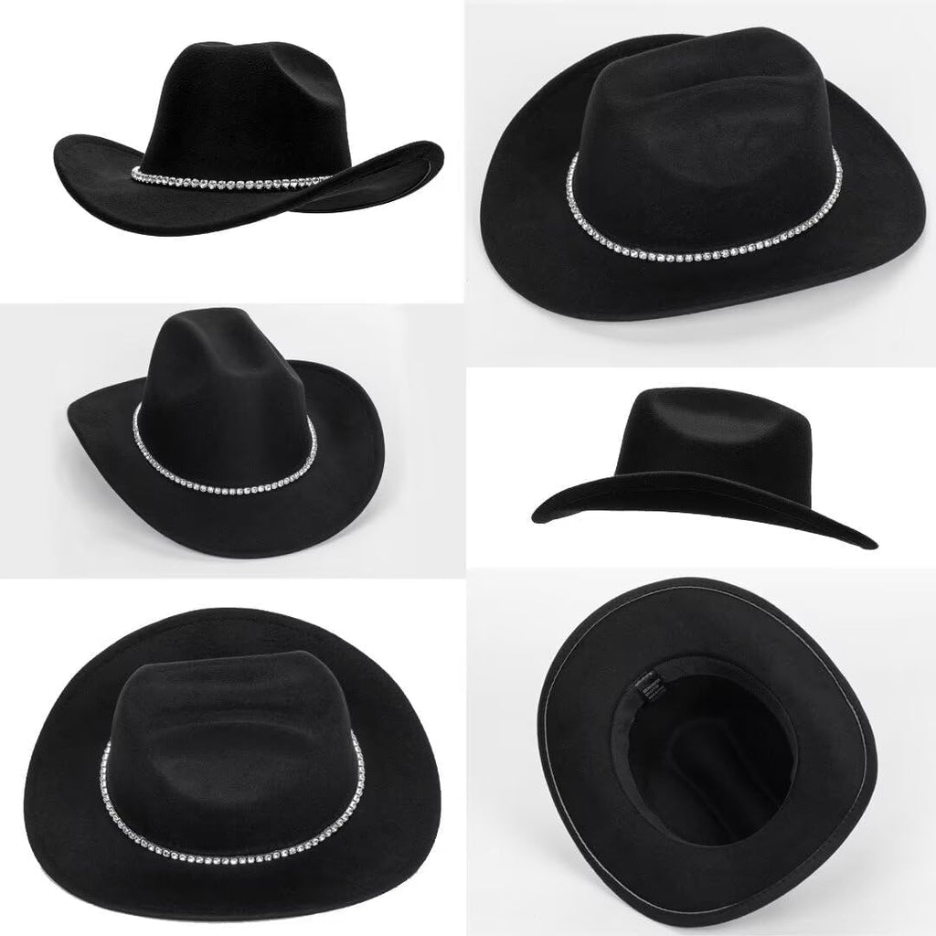 Women Sparkly-Rhinestone Western-Cowgirl-Hat Glitter-Bling Cowboy-Hat Felt-Rodeo-Hat for Disco-Party Medium/Large