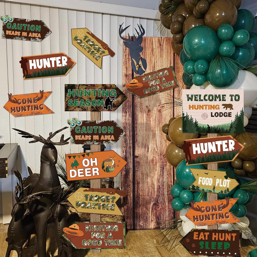 20 Pcs Hunting Party Decorations Signs Welcome to Hunting Lodge Directional Signs Deer Camo Decorations for Door Wall Yard Photo Booth Props Birthday Party Supplies