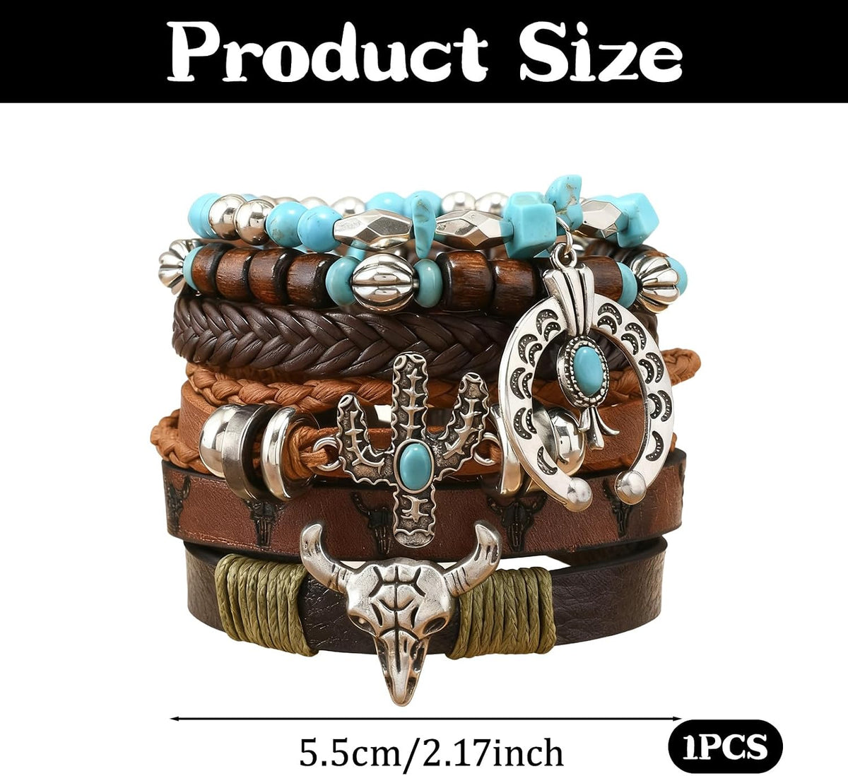Western Bracelet for Women,Bohemian Cowgirl Turquoise Beaded Stretch Bracelets,Vintage Stackable Bull Head Cowboy Boots Feather Bracelets Set,Country Ethnic Western Jewelry Accessories for Women Men