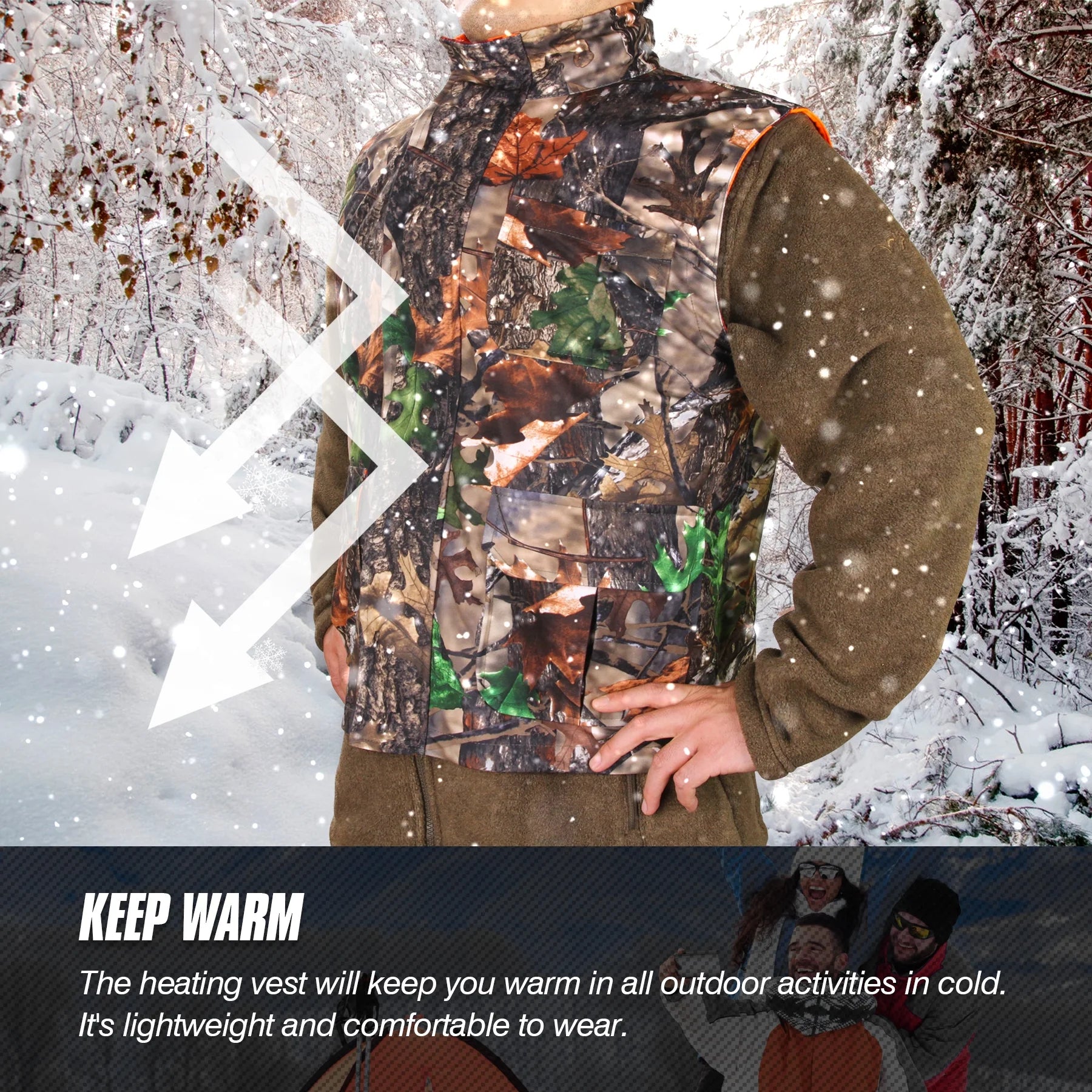 Hunting Heated Vest, Camo Orange Reversible Vest, Game Vest Jacket for Hunting, Lightweight Heating Vest (L)