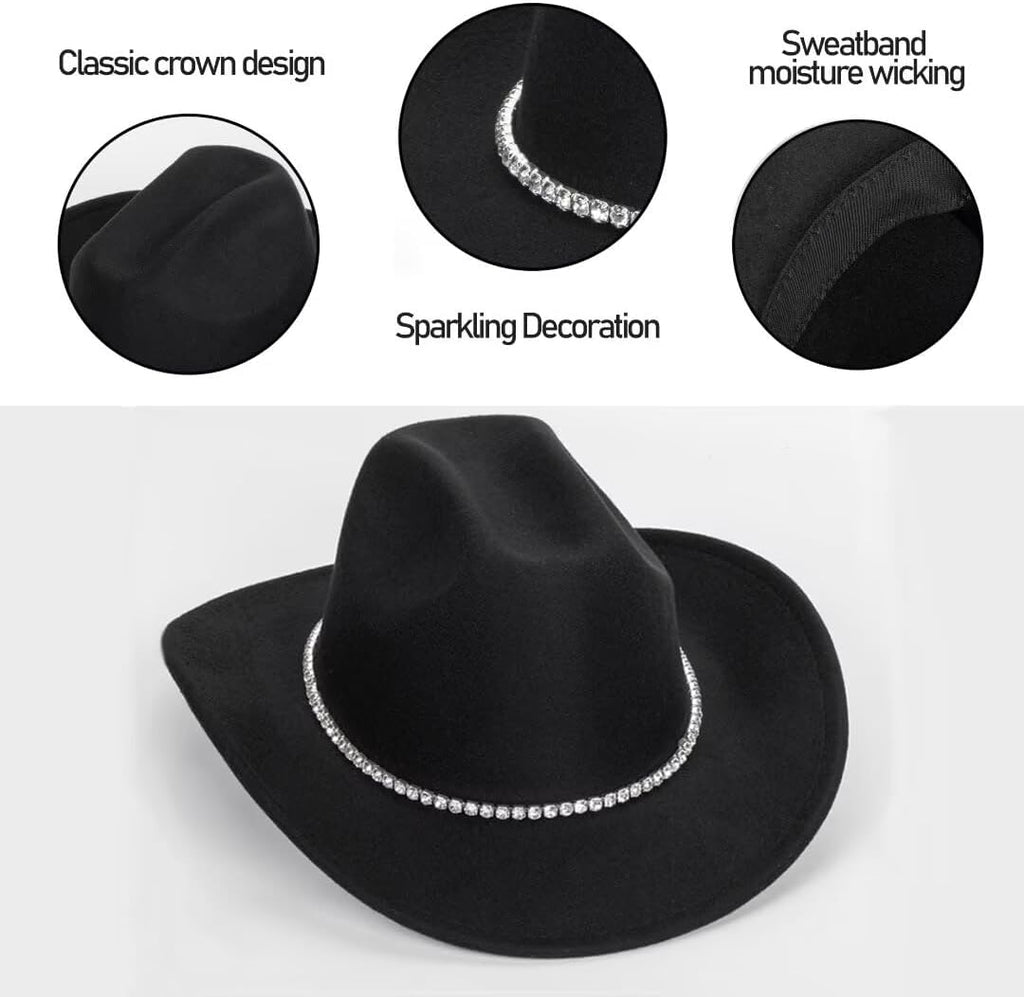 Women Sparkly-Rhinestone Western-Cowgirl-Hat Glitter-Bling Cowboy-Hat Felt-Rodeo-Hat for Disco-Party Medium/Large