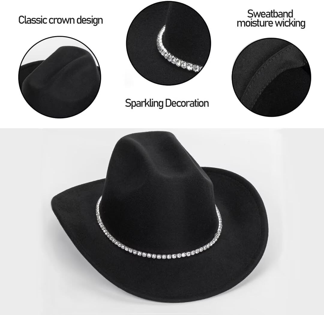 Women Sparkly-Rhinestone Western-Cowgirl-Hat Glitter-Bling Cowboy-Hat Felt-Rodeo-Hat for Disco-Party Medium/Large