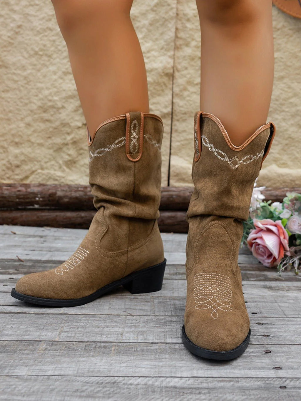 Wrenna | Faux Leather Western Cowboy Boots with Pointed Toe and Mid-Calf Rustic Design | Women’S Boots