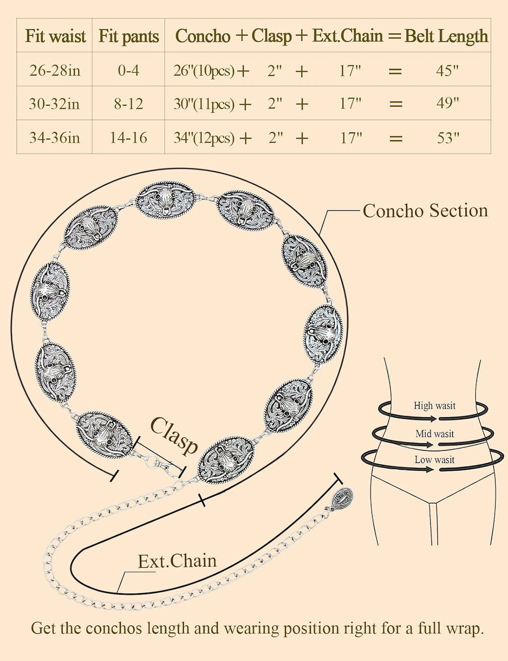 Western Metal Concho Belt for Women Cowgirl Chain Belts for Dresses Jeans Country Concert Outfit