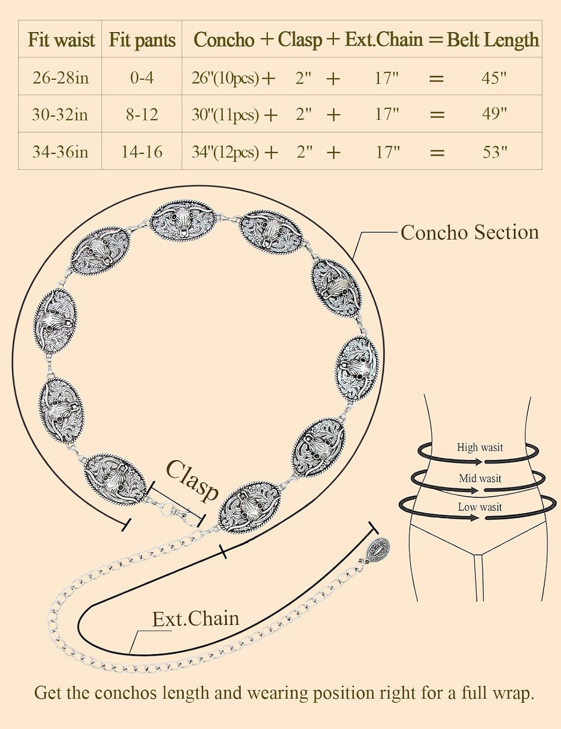 Western Metal Concho Belt for Women Cowgirl Chain Belts for Dresses Jeans Country Concert Outfit