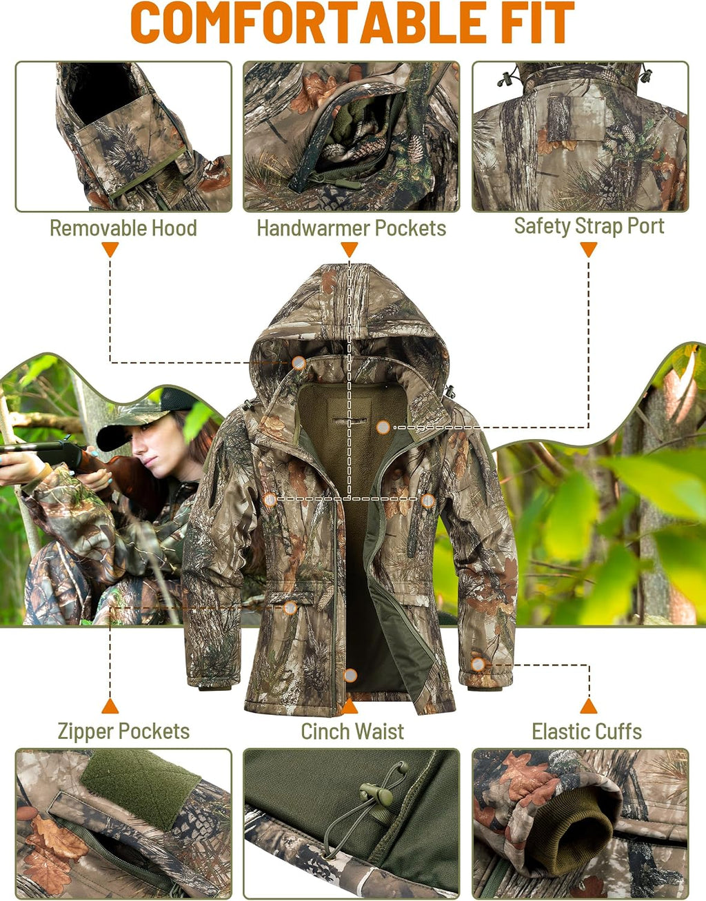 Womens Hunting Clothes, Upgraded Ultra-Quiet Water Resistant Camo Hunting Jacket for Duck Waterfowl Deer Hunting